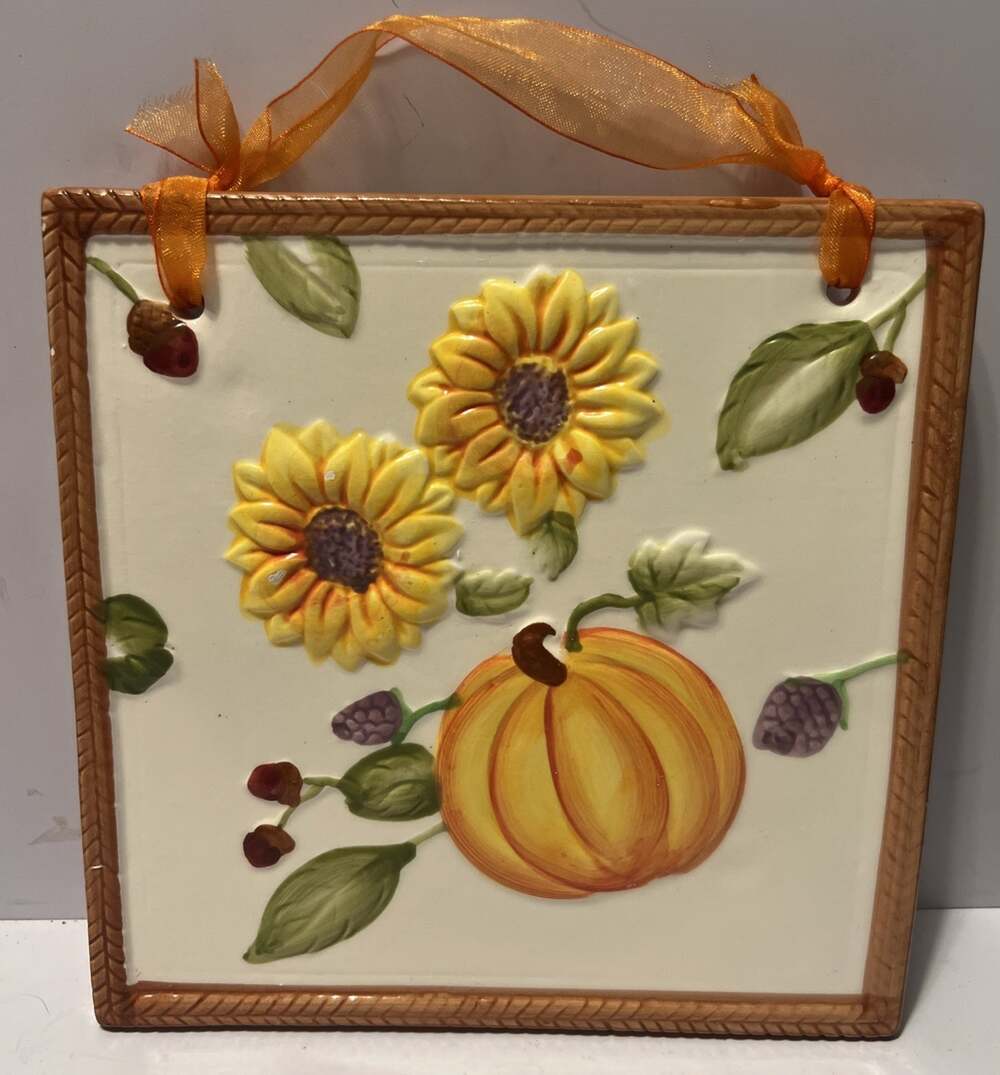Fall Pumpkin/ sunflower Flower Wallhanging Ceramic Hand Painted 6.5 X6.5